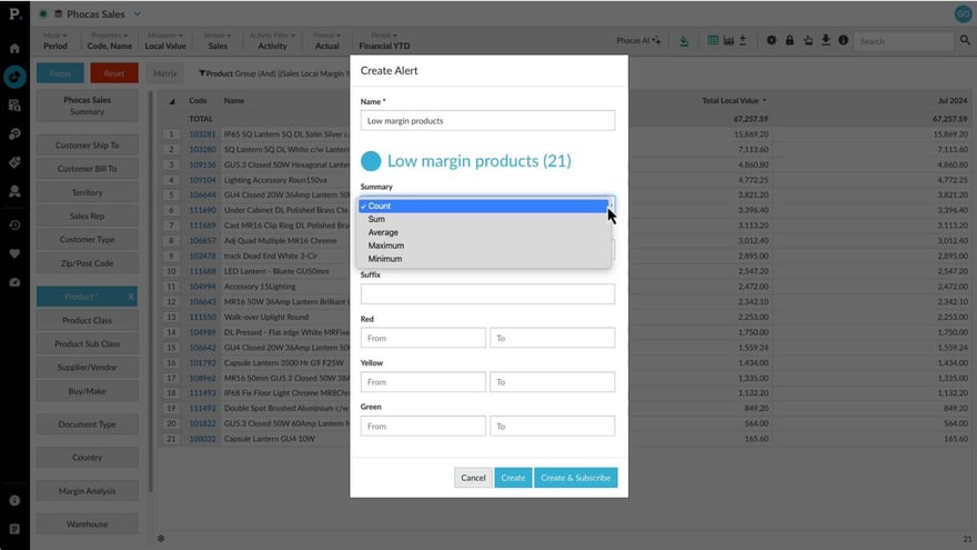 Create a 'low margin' alert