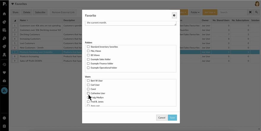 Manage favorites, dashboards, and subscriptions