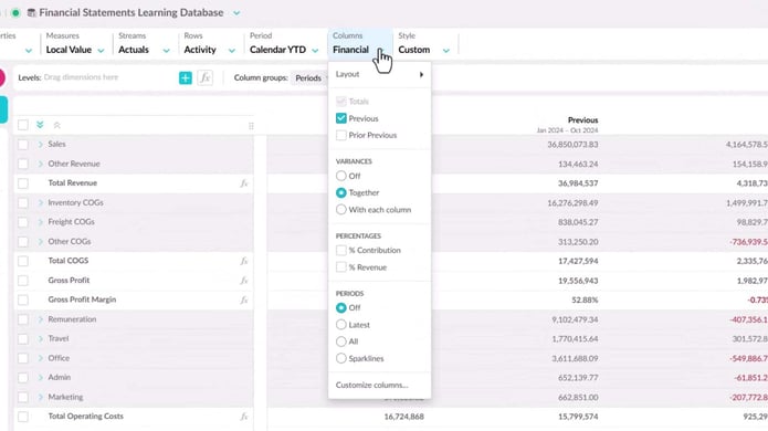 Change your view with the columns menu