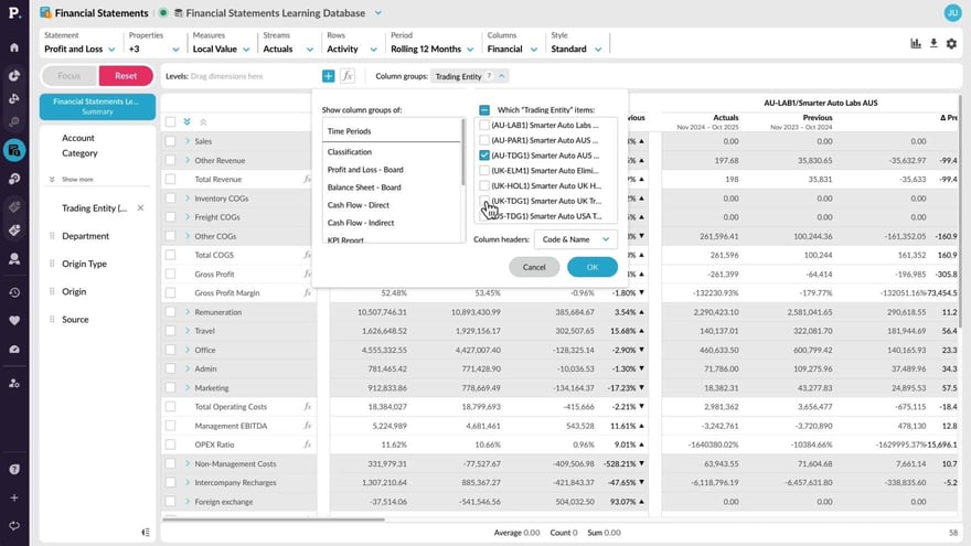 View financial information in a matrix (change column groups)