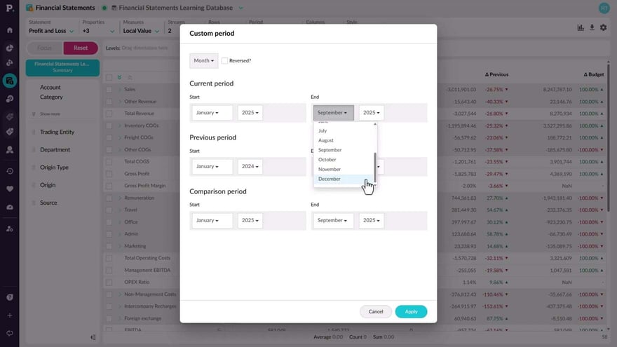 Set a custom period in Financial Statements
